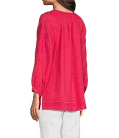 John Mark Linen Embroidered Split Neck 3/4 Sleeve Tunic