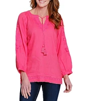 John Mark Linen Embroidered Split Neck 3/4 Sleeve Tunic