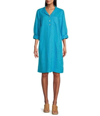 John Mark Linen Wire Collar Roll Tab Sleeve Shirt Dress