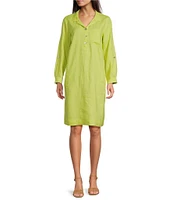 John Mark Linen Wire Collar Roll Tab Sleeve Shirt Dress