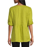 John Mark Linen Y-Neck Roll Tab Sleeve Pintuck Tunic