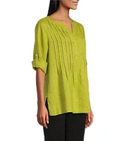 John Mark Linen Y-Neck Roll Tab Sleeve Pintuck Tunic