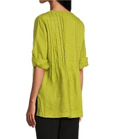 John Mark Linen Y-Neck Roll Tab Sleeve Pintuck Tunic