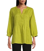 John Mark Linen Y-Neck Roll Tab Sleeve Pintuck Tunic
