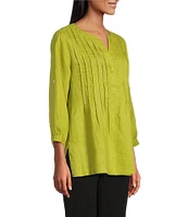 John Mark Linen Y-Neck Roll Tab Sleeve Pintuck Tunic