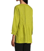 John Mark Linen Y-Neck Roll Tab Sleeve Pintuck Tunic