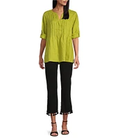 John Mark Linen Y-Neck Roll Tab Sleeve Pintuck Tunic