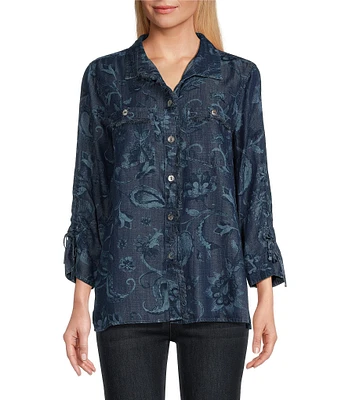 John Mark Lyocell Allover Floral Paisley Print Point Collar 3/4 Cinch Tie Sleeve Button Front Blouse