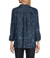 John Mark Lyocell Allover Floral Paisley Print Point Collar 3/4 Cinch Tie Sleeve Button Front Blouse