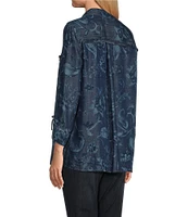 John Mark Lyocell Allover Floral Paisley Print Point Collar 3/4 Cinch Tie Sleeve Button Front Blouse