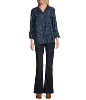 John Mark Lyocell Allover Floral Paisley Print Point Collar 3/4 Cinch Tie Sleeve Button Front Blouse