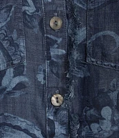 John Mark Lyocell Allover Floral Paisley Print Point Collar 3/4 Cinch Tie Sleeve Button Front Blouse