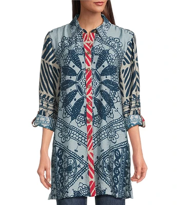 John Mark Medallion Abstract Print Point Collar Long Roll-Tab Sleeve Button Front Tunic