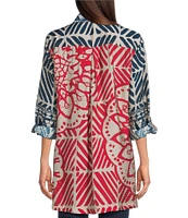John Mark Medallion Abstract Print Point Collar Long Roll-Tab Sleeve Button Front Tunic