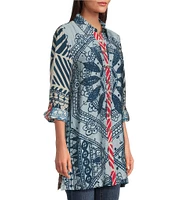 John Mark Medallion Abstract Print Point Collar Long Roll-Tab Sleeve Button Front Tunic