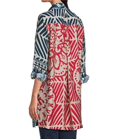 John Mark Medallion Abstract Print Point Collar Long Roll-Tab Sleeve Button Front Tunic