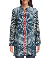 John Mark Medallion Abstract Print Point Collar Long Roll-Tab Sleeve Button Front Tunic