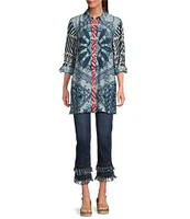 John Mark Medallion Abstract Print Point Collar Long Roll-Tab Sleeve Button Front Tunic