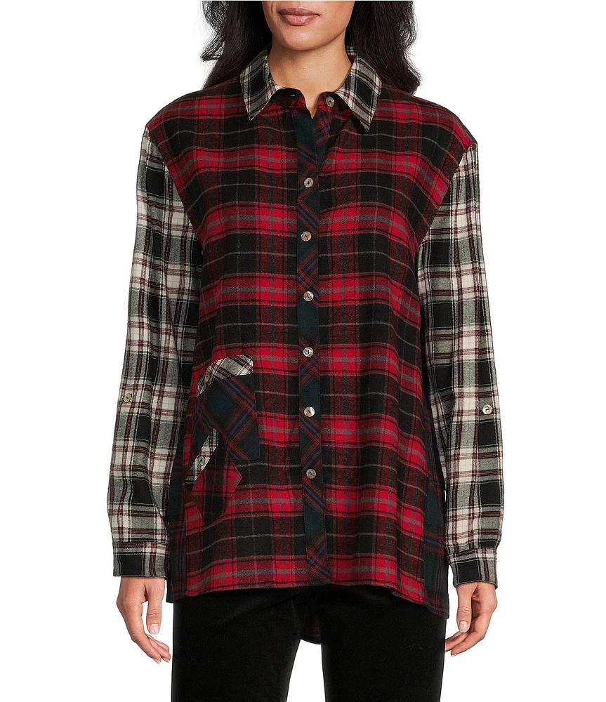 John Mark Mix Plaid Collared Long Sleeve Button Down Top