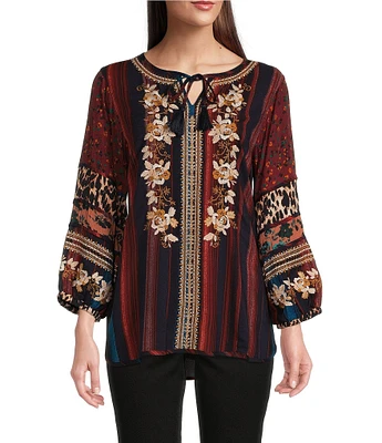 John Mark Mix Print Embroidered Stripe Y-Neck 3/4 Bubble Sleeve Tassel Tie Tunic