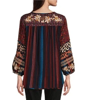 John Mark Mix Print Embroidered Stripe Y-Neck 3/4 Bubble Sleeve Tassel Tie Tunic