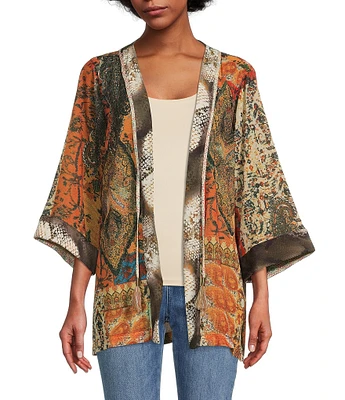 John Mark Mix Print Open Front Multi Color Tassel Detailed 3/4 Sleeve Kimono Statement Jacket