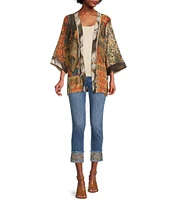 John Mark Mix Print Open Front Multi Color Tassel Detailed 3/4 Sleeve Kimono Statement Jacket