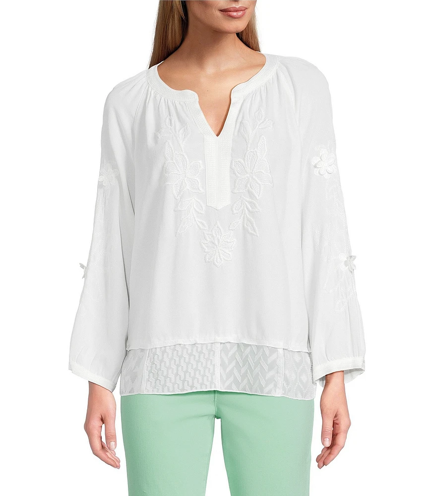 John Mark Mixed Eyelet Y-Neck 3/4 Sleeve Top