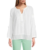 John Mark Mixed Eyelet Y-Neck 3/4 Sleeve Top