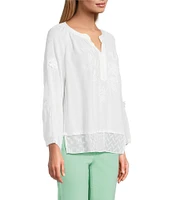 John Mark Mixed Eyelet Y-Neck 3/4 Sleeve Top