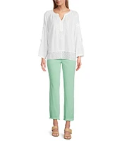 John Mark Mixed Eyelet Y-Neck 3/4 Sleeve Top