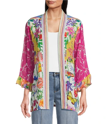 John Mark Mixed Floral Print 3/4 Sleeve Open Front Kimono