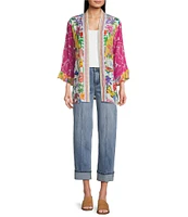 John Mark Mixed Floral Print 3/4 Sleeve Open Front Kimono