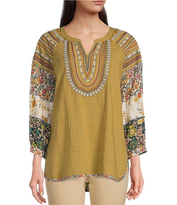 John Mark Mixed Media 3/4 Sleeve Split V-Neck Embroidered High-Low Top