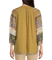 John Mark Mixed Media 3/4 Sleeve Split V-Neck Embroidered High-Low Top