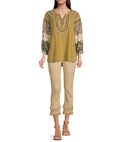 John Mark Mixed Media 3/4 Sleeve Split V-Neck Embroidered High-Low Top