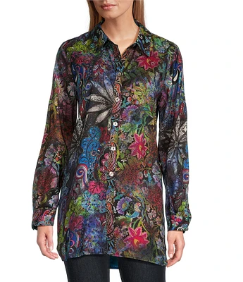 John Mark Mixed Print Satin Point Collar Long Roll-Tab Sleeve Button Front Blouse