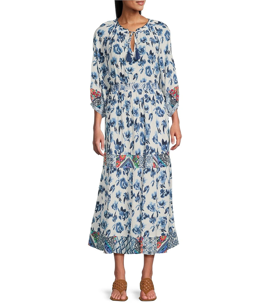 John Mark Mixed Print Y-Neck 3/4 Sleeve Tiered Midi Dress