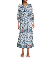 John Mark Mixed Print Y-Neck 3/4 Sleeve Tiered Midi Dress