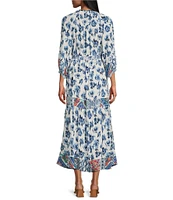 John Mark Mixed Print Y-Neck 3/4 Sleeve Tiered Midi Dress