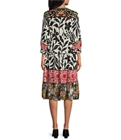 John Mark Mixed Print Y-Neck Button-Cuff 3/4 Sleeve Tiered Dress