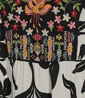 John Mark Mixed Print Y-Neck Button-Cuff 3/4 Sleeve Tiered Dress