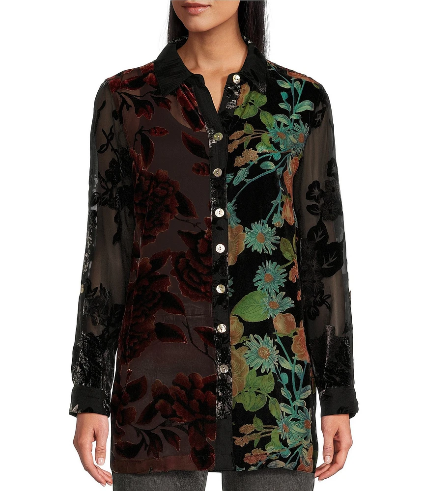 John Mark Multi Burnout Velvet Embroidered Floral Point Collar 3/4 Roll-Tab Sleeve Button-Front Tunic