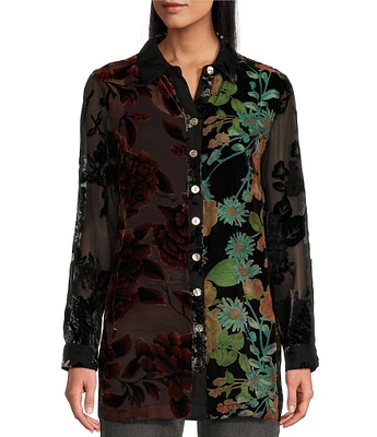 John Mark Multi Burnout Velvet Embroidered Floral Point Collar 3/4 Roll-Tab Sleeve Button-Front Tunic