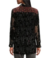 John Mark Multi Burnout Velvet Embroidered Floral Point Collar 3/4 Roll-Tab Sleeve Button-Front Tunic