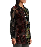 John Mark Multi Burnout Velvet Embroidered Floral Point Collar 3/4 Roll-Tab Sleeve Button-Front Tunic