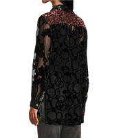 John Mark Multi Burnout Velvet Embroidered Floral Point Collar 3/4 Roll-Tab Sleeve Button-Front Tunic