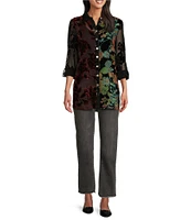 John Mark Multi Burnout Velvet Embroidered Floral Point Collar 3/4 Roll-Tab Sleeve Button-Front Tunic