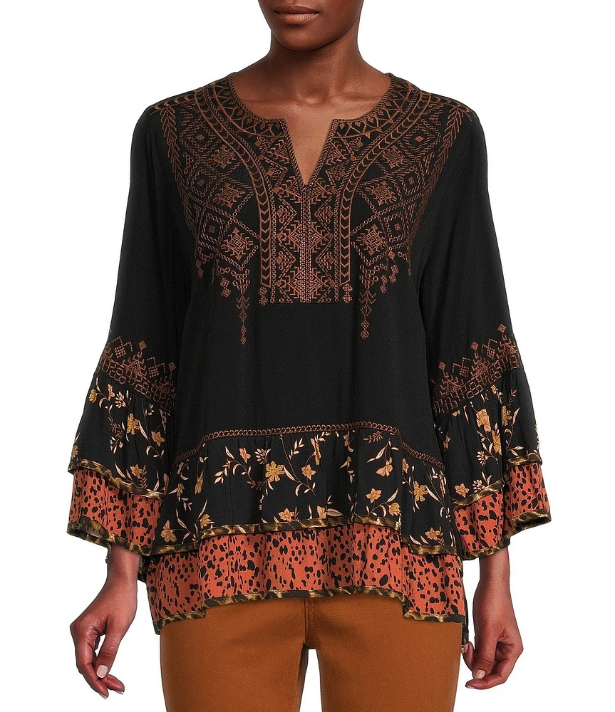 John Mark Multi Print Embroidered Split V-Neck 3/4 Tiered Ruffle Sleeve Tunic