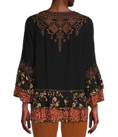 John Mark Multi Print Embroidered Split V-Neck 3/4 Tiered Ruffle Sleeve Tunic